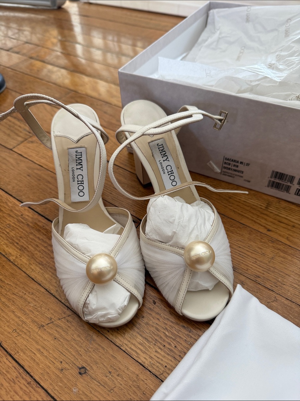Jimmy Choo Ivory Pearl-Accent Slingback Block Heels